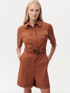 BN Exquise brown tan Carole shirt collar belted linen jumpsuit romper